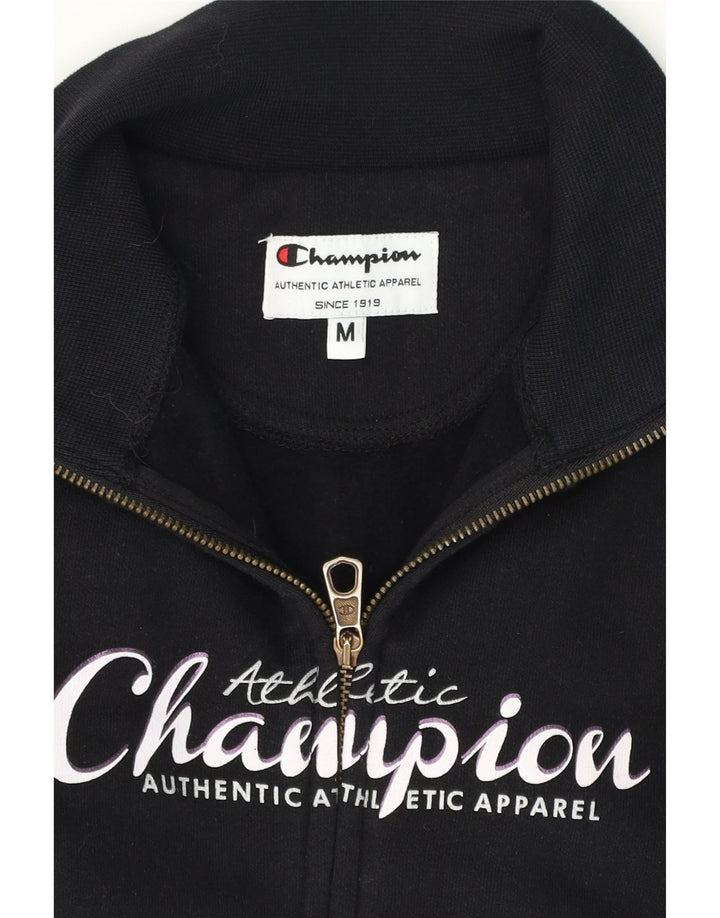 CHAMPION Womens Graphic Tracksuit Top Jacket UK 12 Medium Black Cotton Vintage Champion and Second-Hand Champion from Messina Hembry 