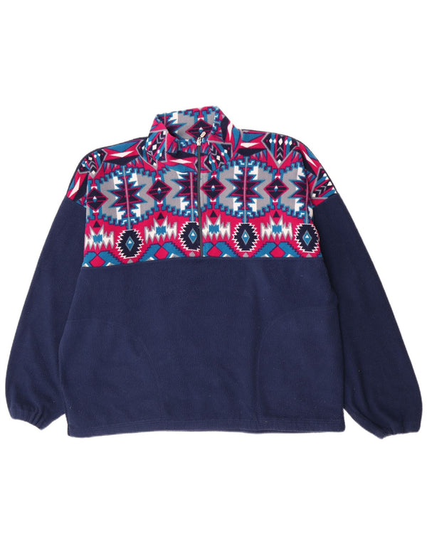 vintage Mens Zip Neck Fleece Jumper XL Bleu Marine Géométrique