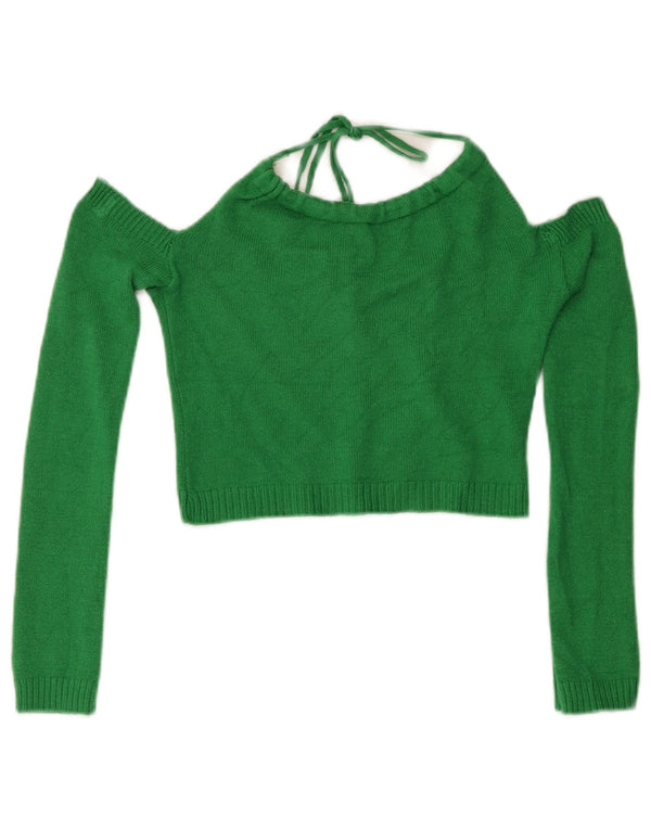 Vintage Womens Crop Knit Off Shoulder Halter Top UK 12 Medium Green Viscose