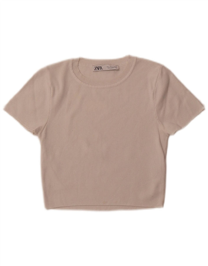 ZARA Womens Crop Blouse Top UK 12 Medium Beige Viscose