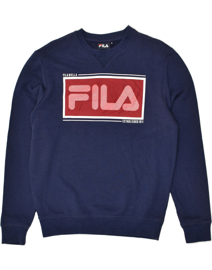 FILA Mens Graphic Sweatshirt Jumper Small Navy Blue Polyester Vintage Fila and Second-Hand Fila from Messina Hembry 