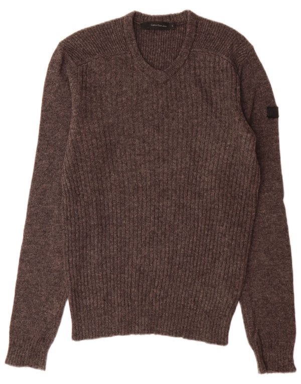 Calvin Klein Jeans Jersey con cuello en V para hombre, suéter pequeño de lana moteada gris