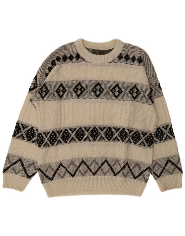 vintage Mens Boat Neck Jumper Pull XL Off White Argyle/Diamant