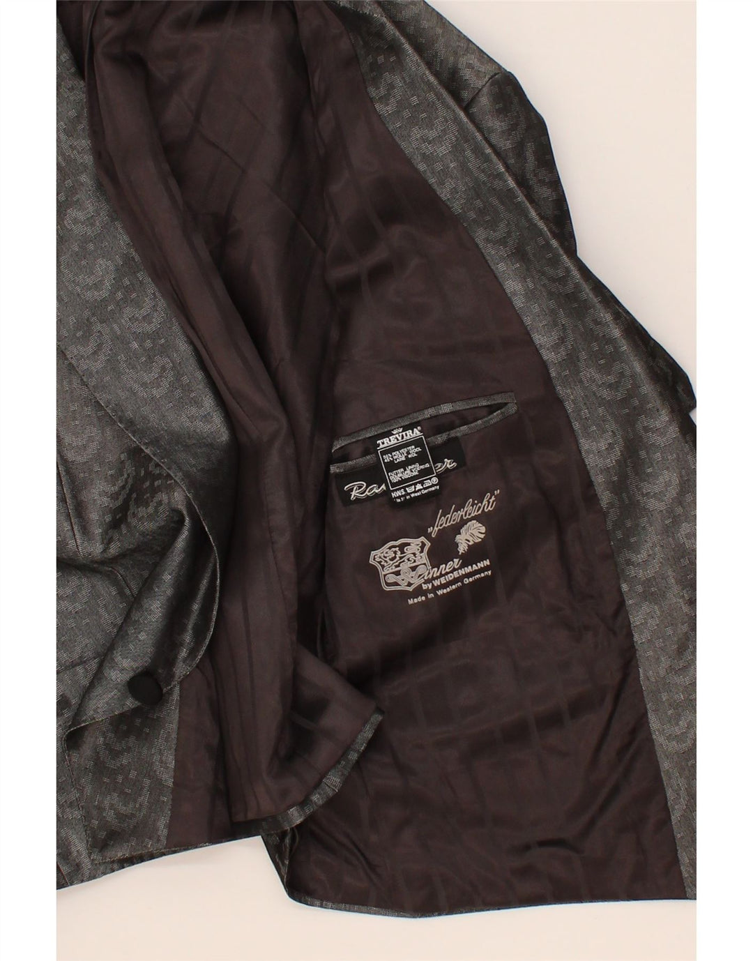 TREVIRA Womens 1 Button Blazer Jacket UK 14 Medium Grey Paisley Polyester Vintage Trevira and Second-Hand Trevira from Messina Hembry 