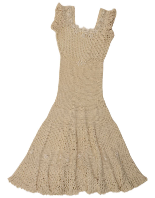 Vintage Womens Sleeveless Crochet Maxi Dress UK 10 Small Off White Floral