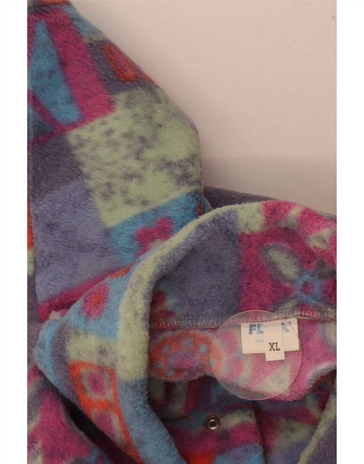 vintage Mens Button Neck Fleece Jumper XL Multicolore Géométrique Polyester