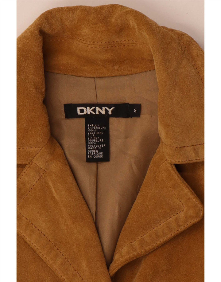 Giacca blazer in pelle scamosciata da donna a 3 bottoni Dkny US 6 in pelle beige media