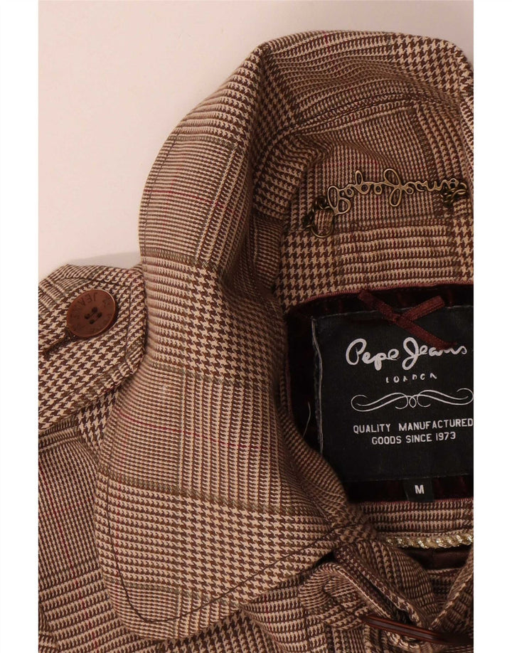 PEPE Jeans Dame Belted Pea Coat UK 14 Medium Brown Houndstooth Bomuld