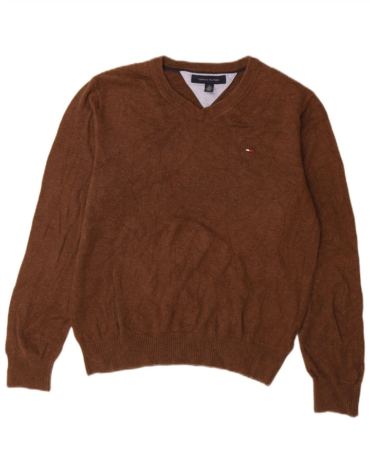 Tommy Hilfiger Mens V-Neck Jumper Sweater Medium Brown Cotton