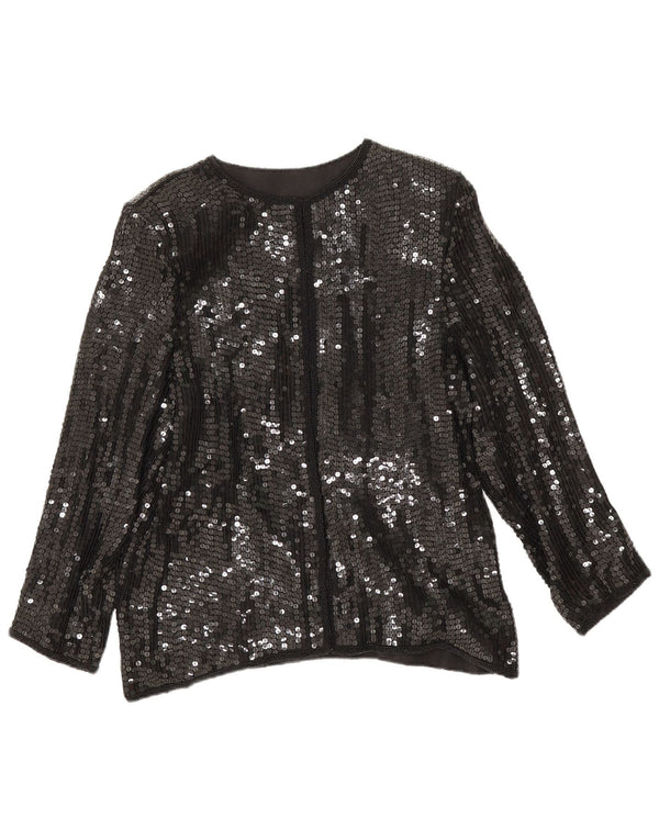 Vintage Womens Sequin Shirt Blouse UK 14 Medium Black Silk