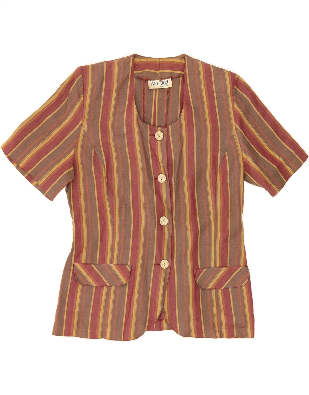 APPAREL Womens 4 Button Short Sleeve Blazer Jacket IT 48 XL Brown Striped Vintage Apparel and Second-Hand Apparel from Messina Hembry 
