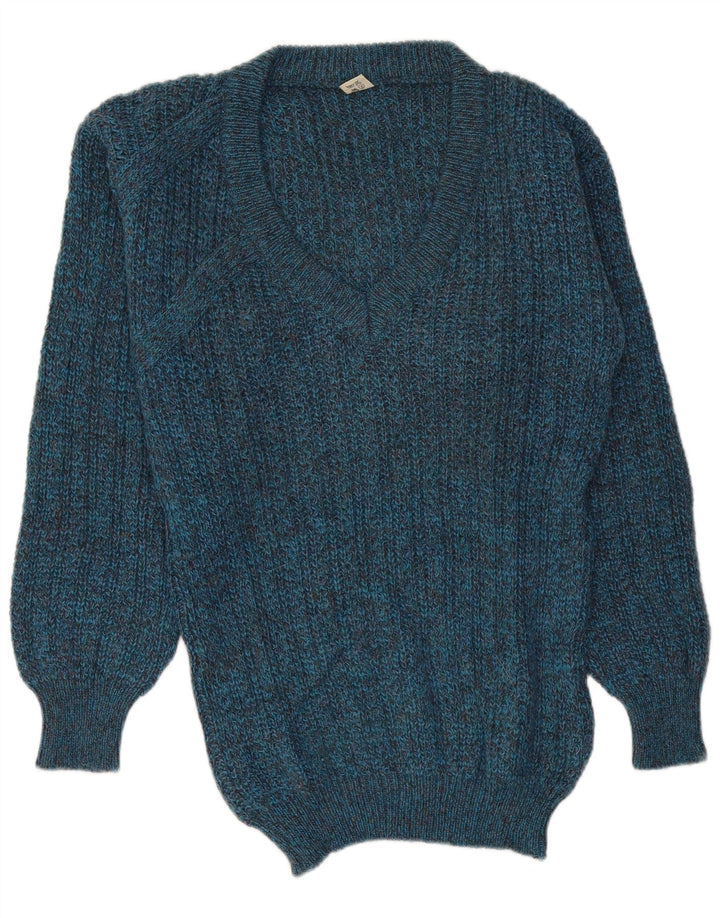 Vintage Mens Regular Fit V-Neck Jumper Sweater Medium Blue Flecked Wool