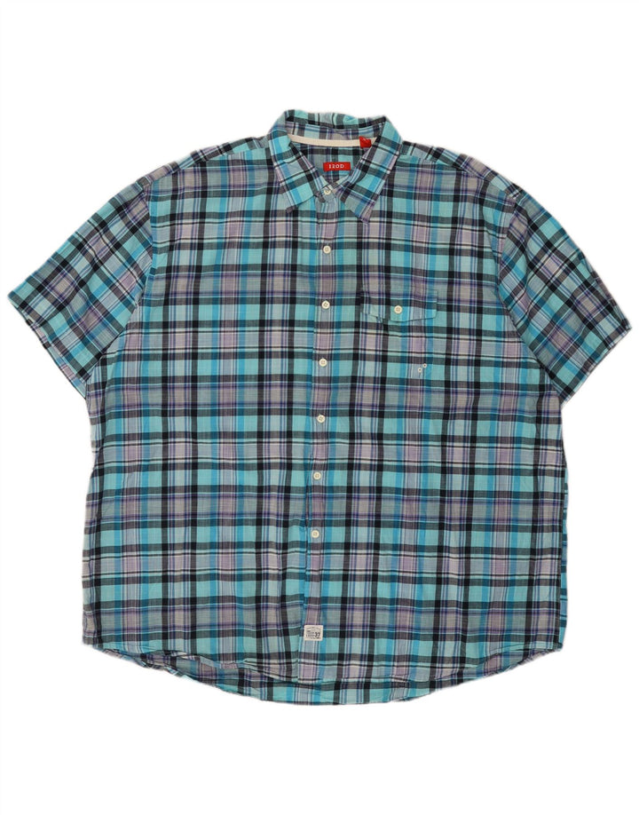 Izod Mens Short Sleeve Shirt XL Turquoise Check Cotton