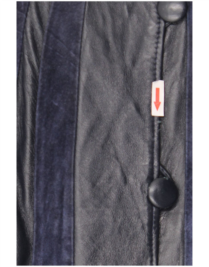 Vintage Womens Leather Coat UK 14 Medium Navy Blue Striped
