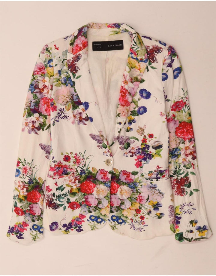 Zara Womens 1 Button Blazer Jacket UK 10 Small White Floral Viscose