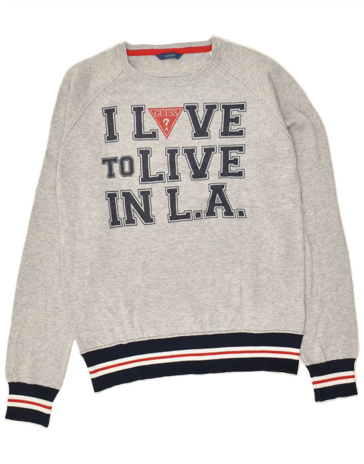 GUESS Boys Graphic Crew Neck Jumper Sweater 13-14 Years Grey Cotton Vintage Guess and Second-Hand Guess from Messina Hembry 