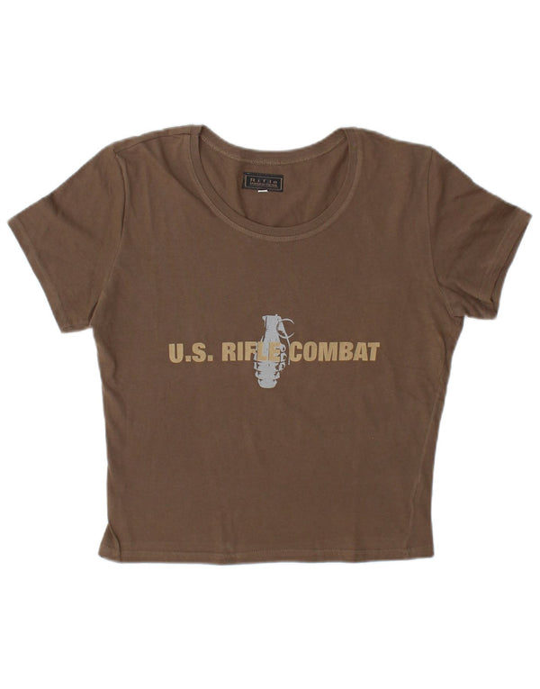 Rifle Womens Crop Graphic T-Shirt Top UK 16 Grand Coton Marron