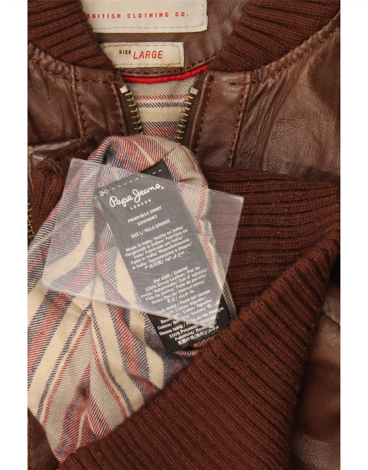 PEPE Jeans Mens Leather Jacket UK 40 Large Brown Leather