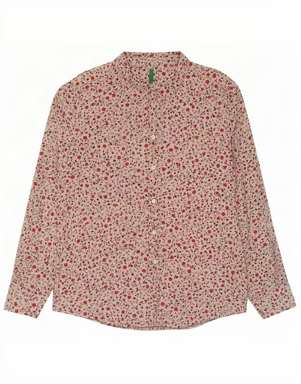 Camisa feminina Benetton UK 16 grande branca floral