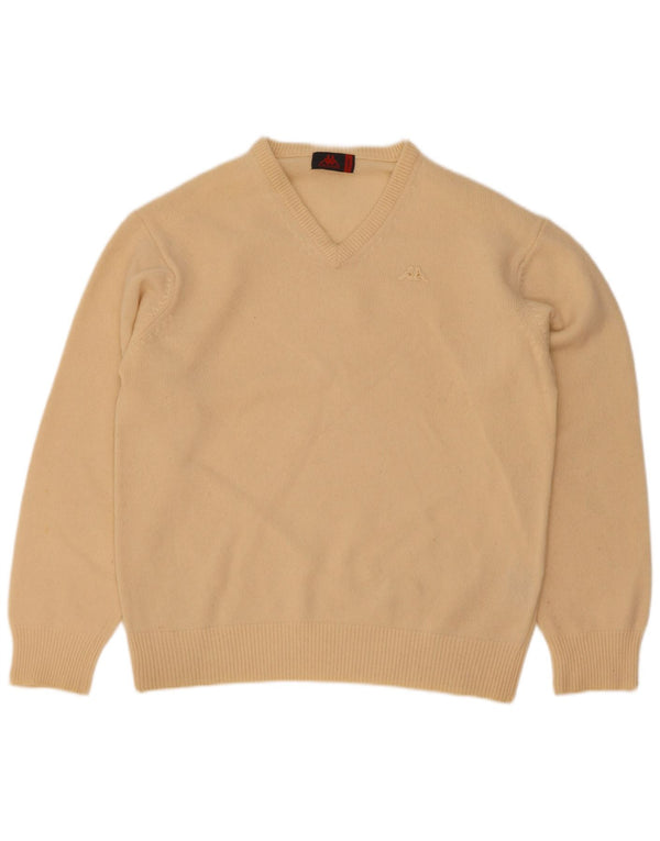 Kappa Mens V-Neck Jumper Sweater Large Beige Lambswool