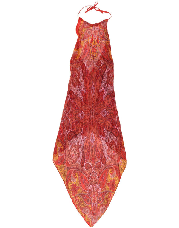 Vintage γυναικείο ασύμμετρο φόρεμα UK 8 Small Red Paisley Silk
