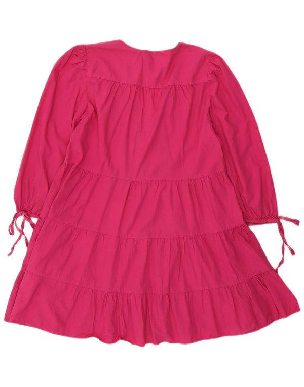 Zara Womens 3/4 Sleeve Tiered Dress UK 12 Medium Pink Cotton
