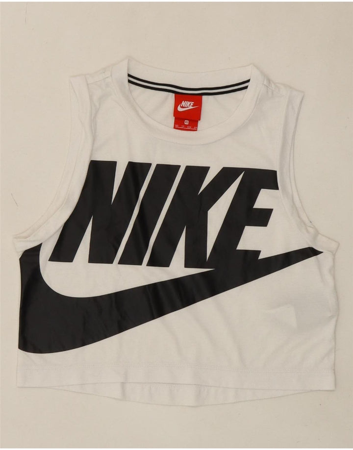 NIKE Womens Crop Graphic Vest Top UK 6 XS White Polyester Vintage Nike and Second-Hand Nike from Messina Hembry 
