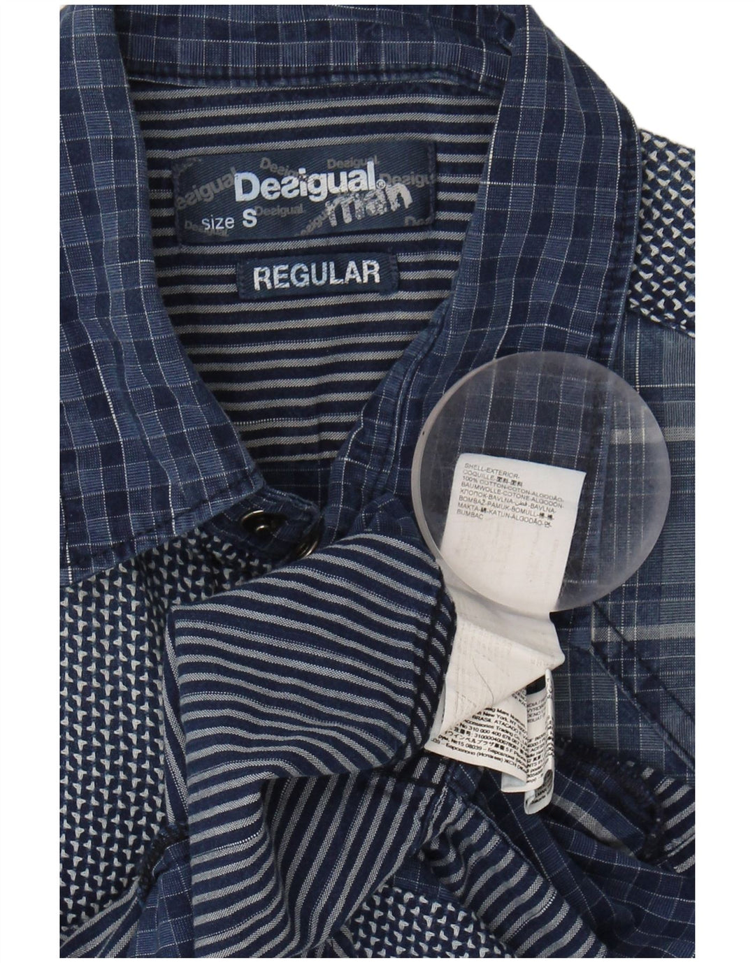 DESIGUAL Mens Regular Fit Graphic Shirt Small Blue Patchwork Cotton
