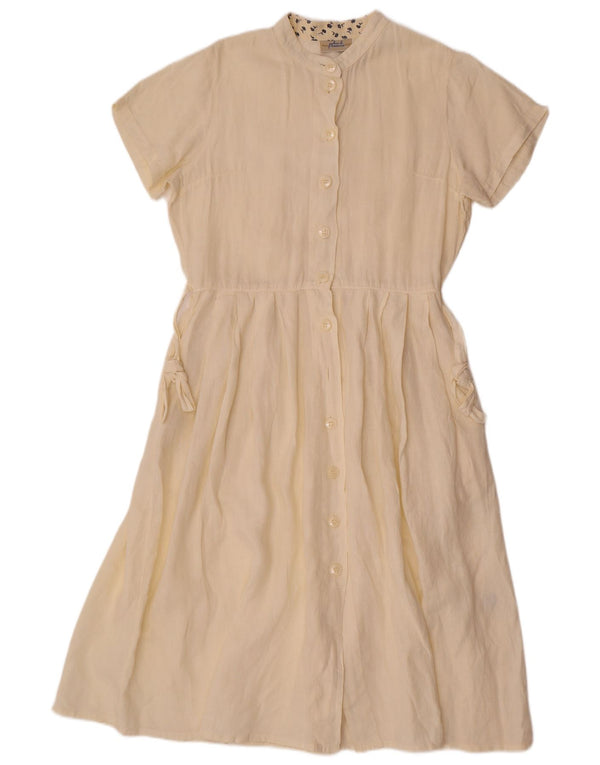 Abito camicia a maniche corte da donna vintage UK 10 piccolo lino bianco sporco