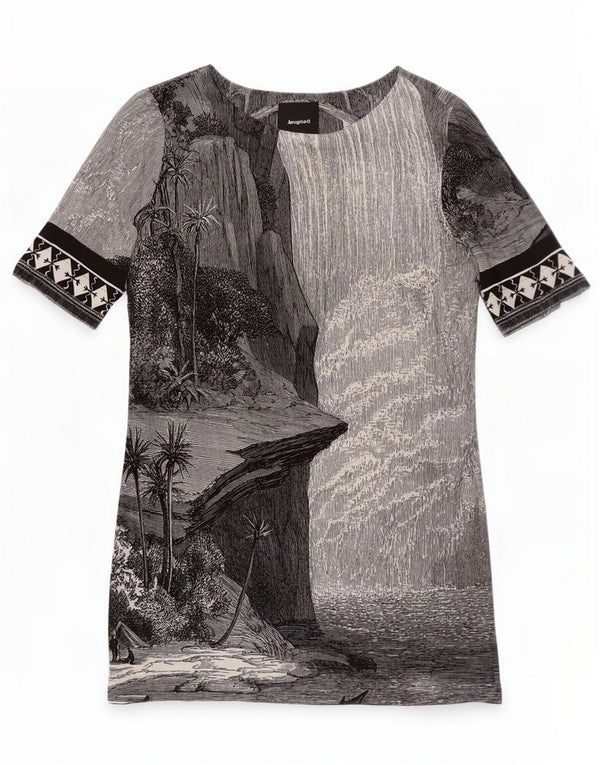 Desigual Womens Hawaiian Graphic Shift Dress EU 38 Medium Grey Geometric