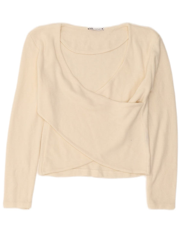 Zara Womens Crop Langærmet Bluse Top UK 10 Small Off White Viscose