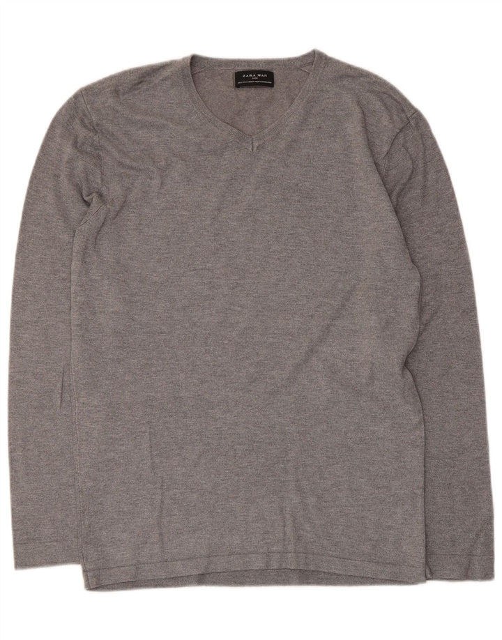 Maglione Zara da uomo con scollo a V piccolo in viscosa grigia