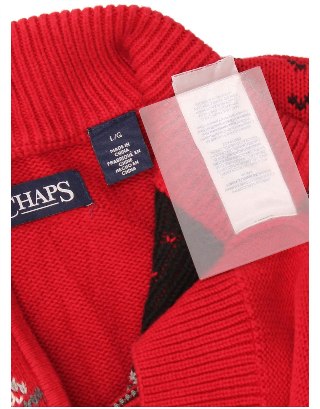Chaps Mens Zip Neck Jumper Sweater Large Red Fair Isle Cotton