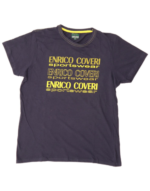 Enrico Coveri Mens Graphic T-Shirt Top Large Navy Blue Cotton