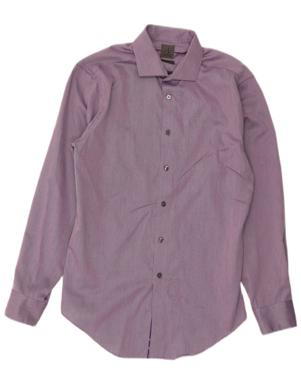 Calvin Klein Mens Slim Fit Shirt Size 15 1/2 Medium Purple Pinstripe Cotton