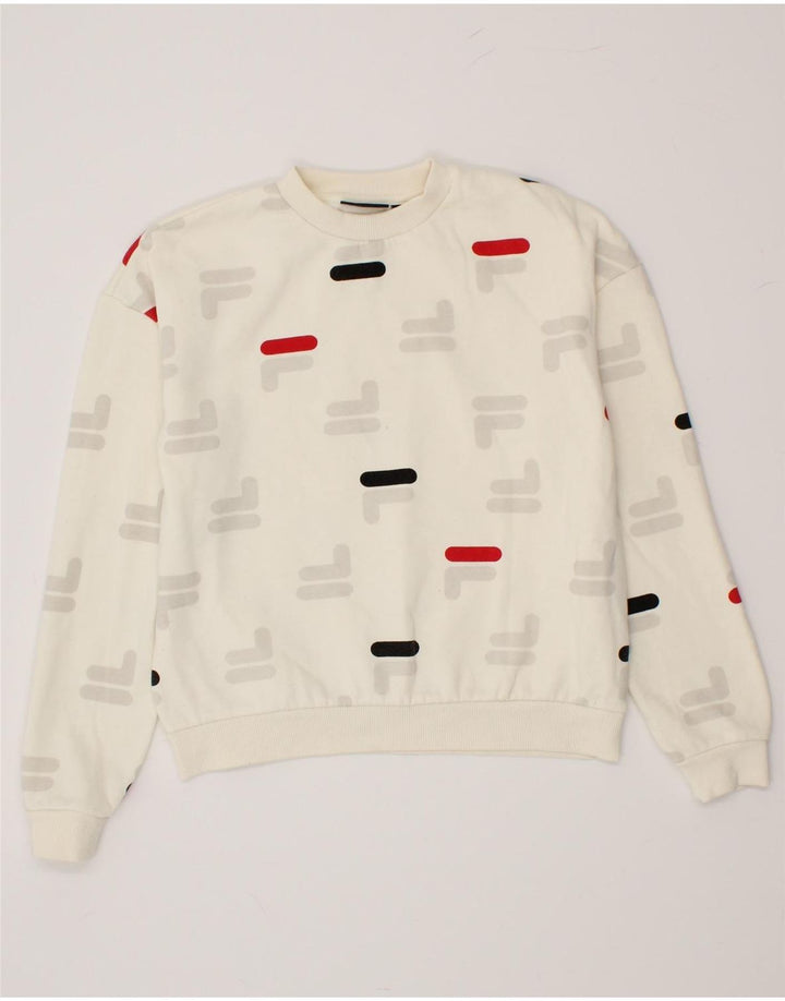 FILA Womens Graphic Sweatshirt Jumper UK 10 Small Off White Polyester Vintage Fila and Second-Hand Fila from Messina Hembry 