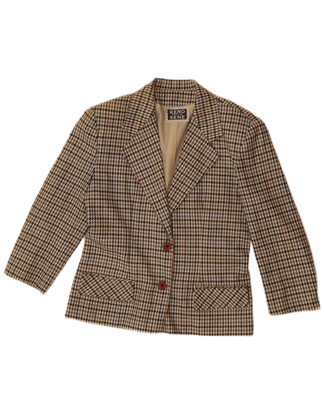 vintage Femme 2 Bouton Blazer Veste UK 14 Grand Pied-de-poule Beige