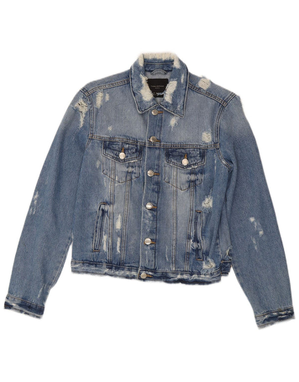 Zara Womens Crop Distressed Denim Jacket UK 12 Medium Blue Cotton