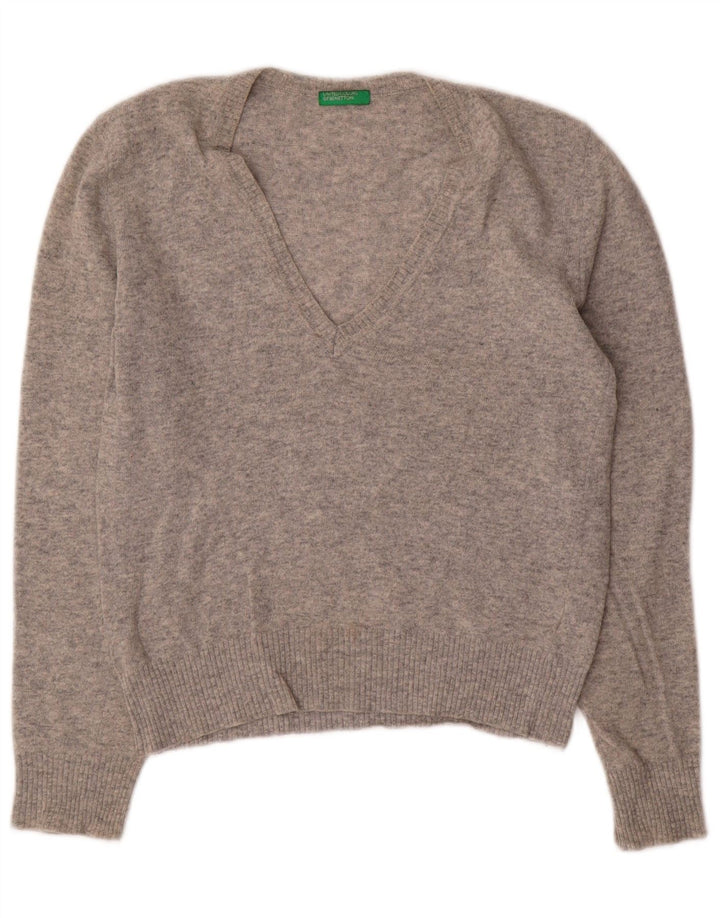 BENETTON Womens V-Neck Jumper Sweater UK 14 Medium Grey Classic