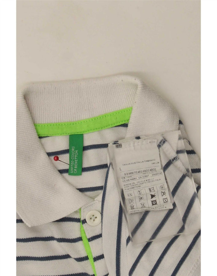 Benetton Boys Polo Shirt 8-9 Years Large White Striped Polyester