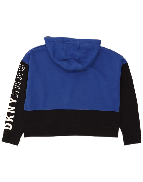 Dkny Womens Crop Graphic Hoodie Jumper UK 16 Large Blue Colourblock