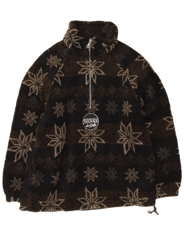 vintage Mens Graphic Zip Neck Fleece Jumper Moyen Noir Fair Isle Acrylique