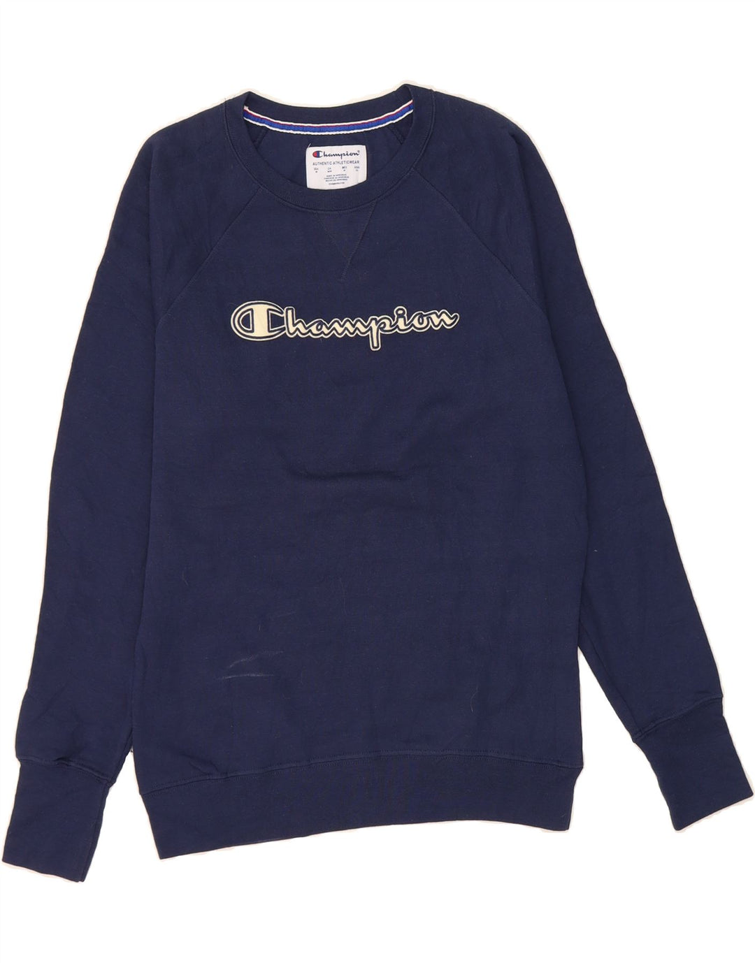 CHAMPION Mens Graphic Sweatshirt Jumper Medium Navy Blue Polyester Vintage Champion and Second-Hand Champion from Messina Hembry 