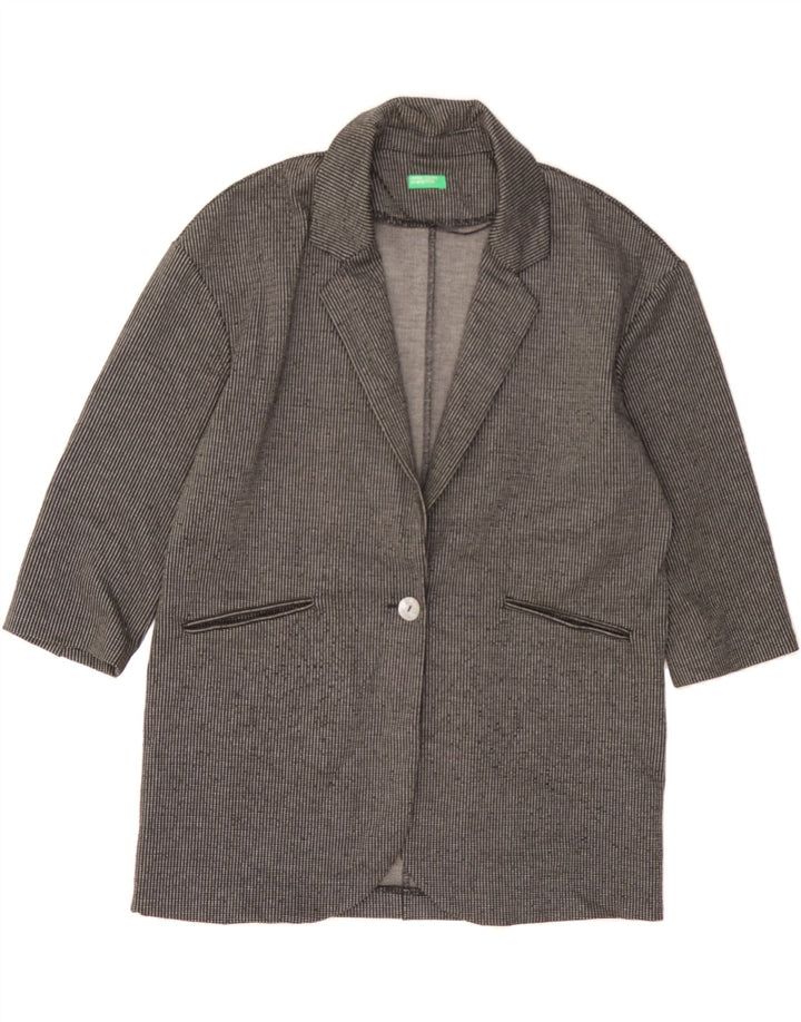 BENETTON Womens 3/4 Sleeve Blazer Jacket UK 14 Medium Grey Pinstripe Vintage Benetton and Second-Hand Benetton from Messina Hembry 