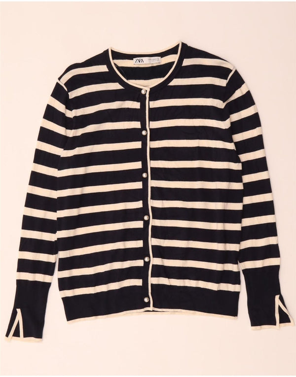 Maglione cardigan da donna Zara UK 20 2XL Viscosa a righe blu navy