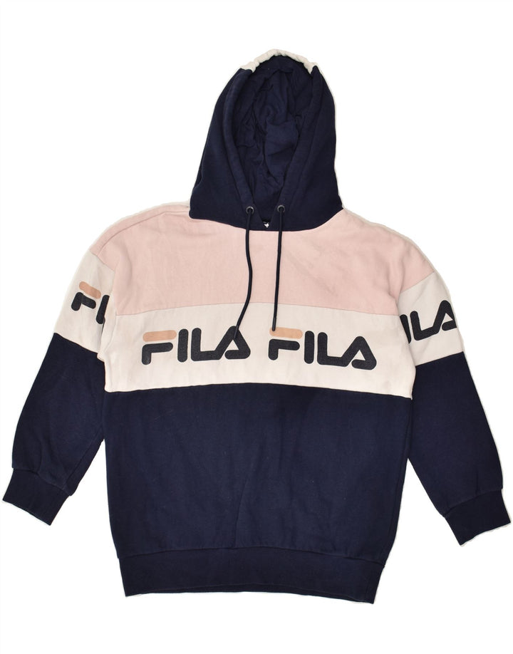 FILA Womens Graphic Hoodie Jumper UK 10 Small Navy Blue Colourblock Cotton | Vintage Fila | Thrift | Second-Hand Fila | Used Clothing | Messina Hembry 