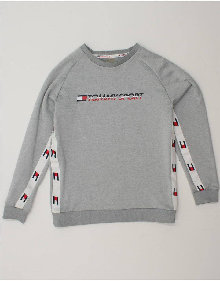TOMMY HILFIGER Mens Graphic Sweatshirt Jumper Small Grey Colourblock Vintage Tommy Hilfiger and Second-Hand Tommy Hilfiger from Messina Hembry 