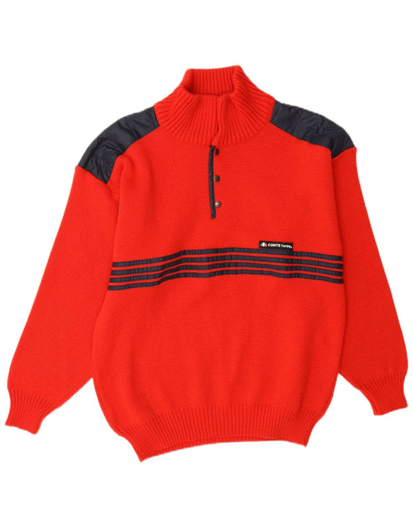 vintage Mens Button Neck Jumper Pull IT 48 Medium Red Colourblock
