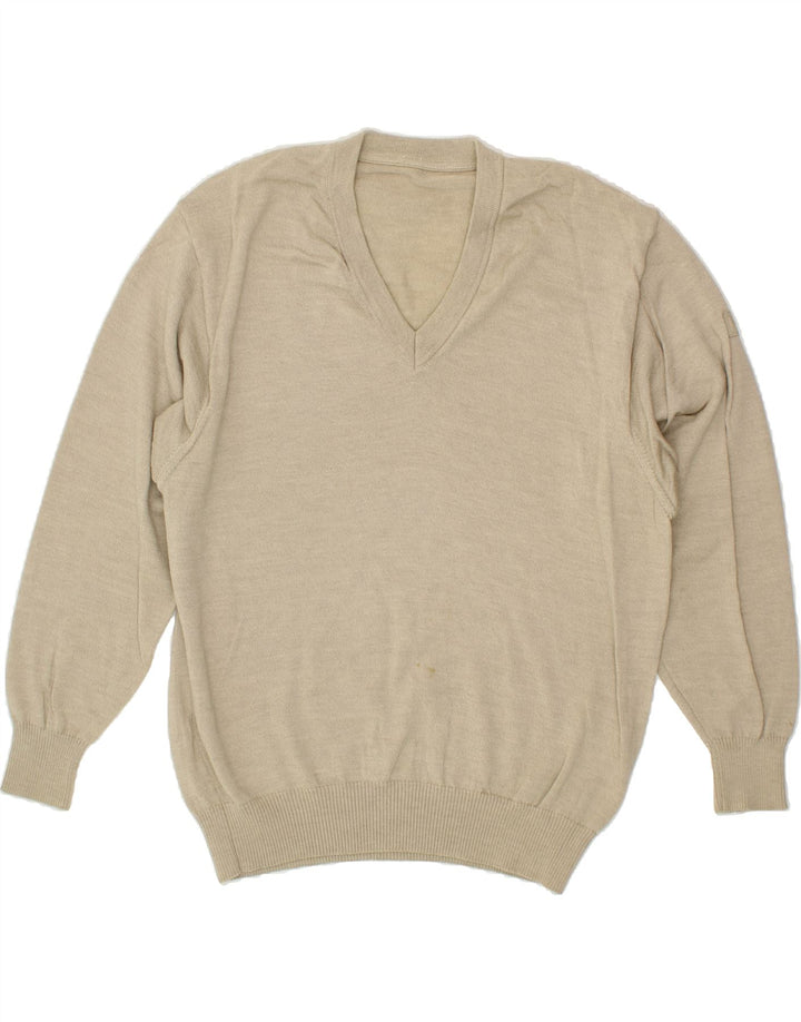 VINTAGE Mens V-Neck Jumper Sweater Large Beige Wool Vintage Vintage and Second-Hand Vintage from Messina Hembry 