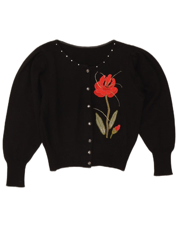 Vintage Kvinders Crop Cardigan Sweater UK 14 Medium Black Floral